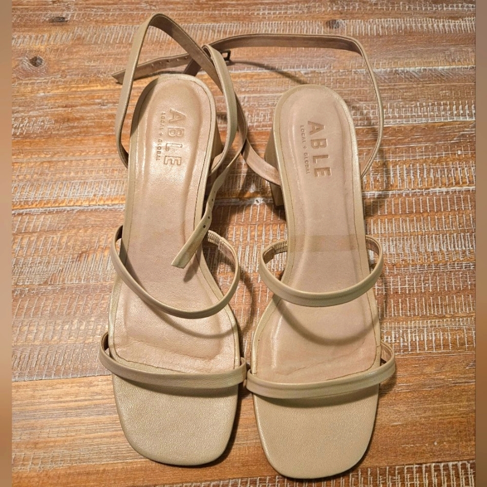 ABLE Nude Ankle Strap Genuine Leather Sandals 1.5" heel size 9.5